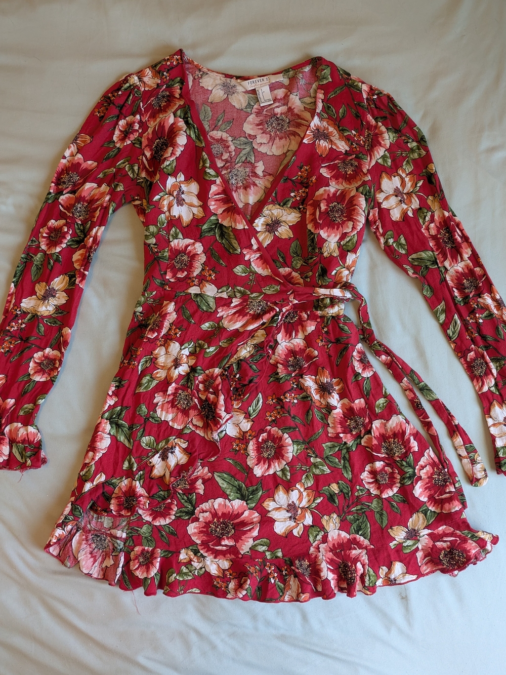 Red Floral Wrap Dress Long Sleeve Ruffle Mini Dress Size S Forever 21